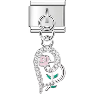 Crystal heart with pink rose dangle Italian charm bracelet link