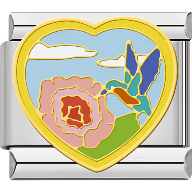 Pink rose with colorful hummingbird on blue sky heart shape Italian charm bracelet link