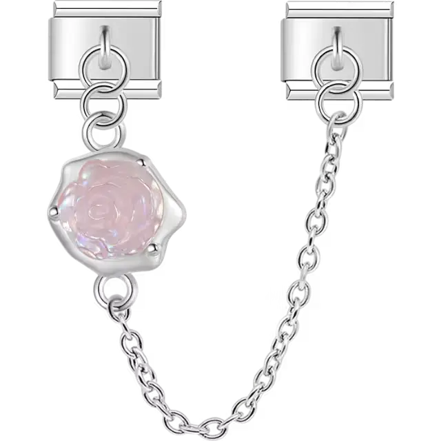 Pink rose flower with safety chain Italian charm bracelet link