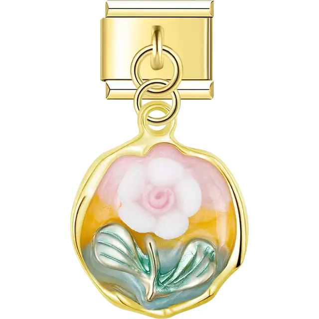 Gold round pendant with white and pink rose flower on yellow and blue shell inlay dangle Italian charm bracelet link