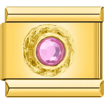 Pink round stone with gold border Italian charm bracelet link