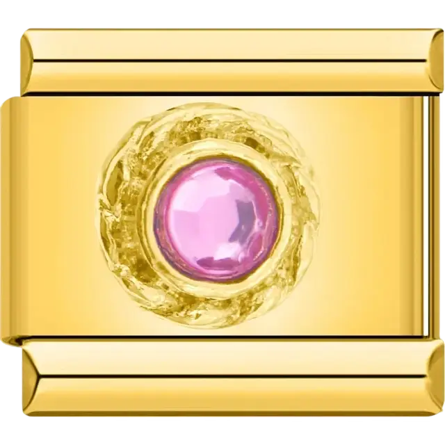 Pink round stone with gold border Italian charm bracelet link