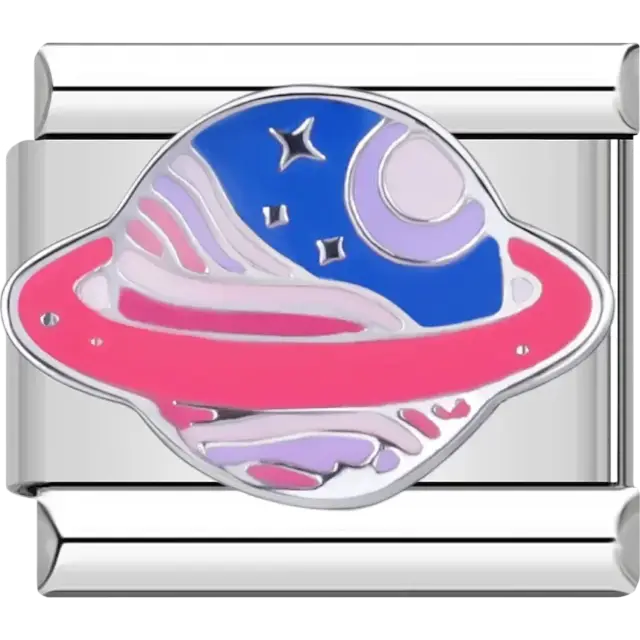 Pink Saturn planet with stars Italian charm bracelet link