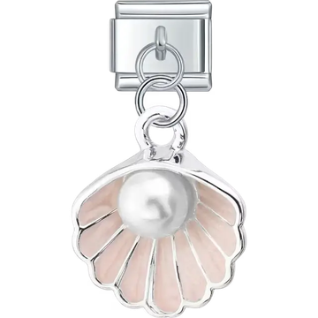 Pink seashell dangle design with a white pearl centerpiece Italian charm bracelet link
