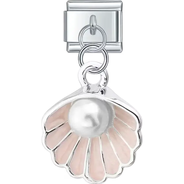 Pink seashell dangle design with a white pearl centerpiece Italian charm bracelet link