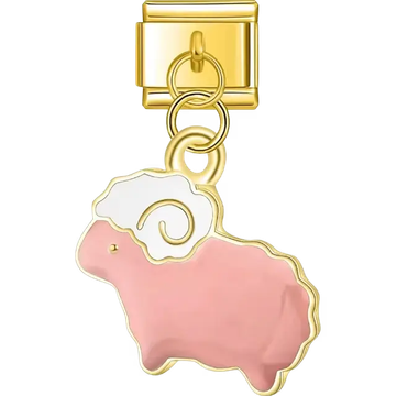 Pink sheep pendant with a white head and gold details Italian charm bracelet link