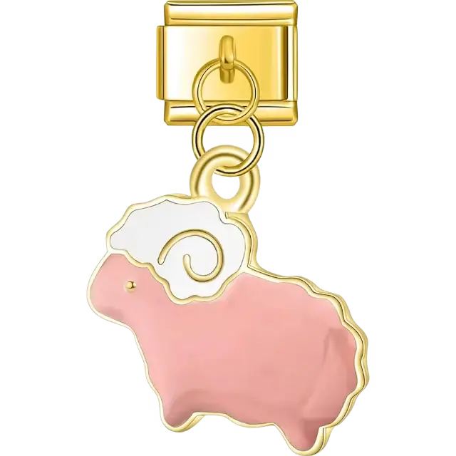 Pink sheep pendant with a white head and gold details Italian charm bracelet link