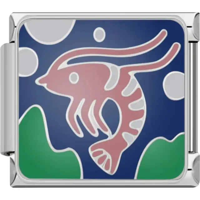 Pink shrimp with white accents surrounded by green seaweed and bubbles on a blue background Italian charm bracelet link