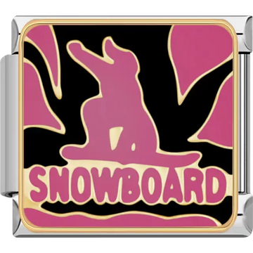 Pink snowboarder silhouette with "SNOWBOARD" text on black background Italian charm bracelet link
