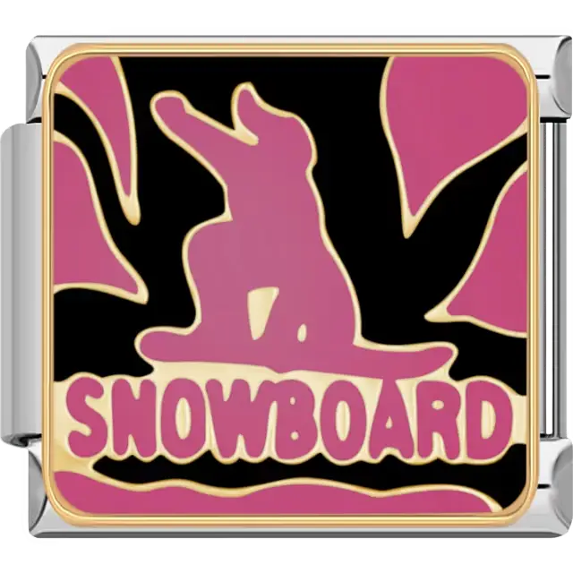 Pink snowboarder silhouette with "SNOWBOARD" text on black background Italian charm bracelet link