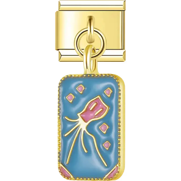 Blue enamel rectangle with pink squid and decorative accents Italian charm bracelet link