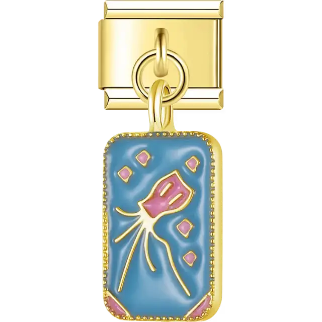 Blue enamel rectangle with pink squid and decorative accents Italian charm bracelet link