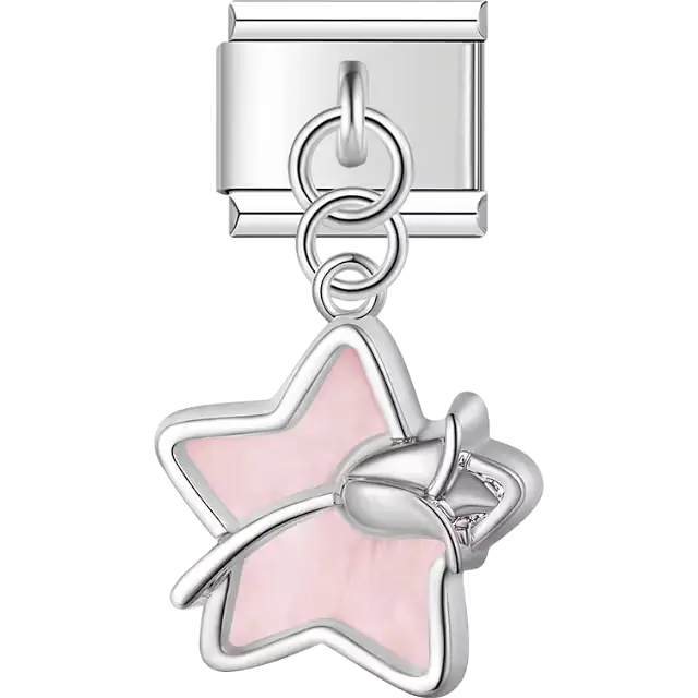 Silver star with pink center and bow accent dangle Italian charm bracelet link