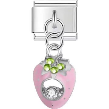 Pink strawberry with green crystal leaves and clear crystal accent Italian charm bracelet link