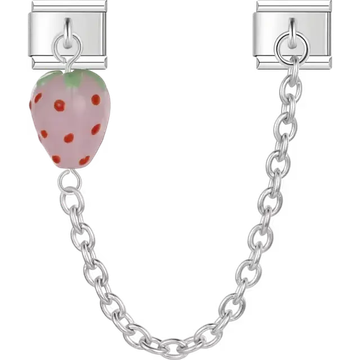 Pink strawberry with red polka dots and green top connected by silver chain Italian charm bracelet link