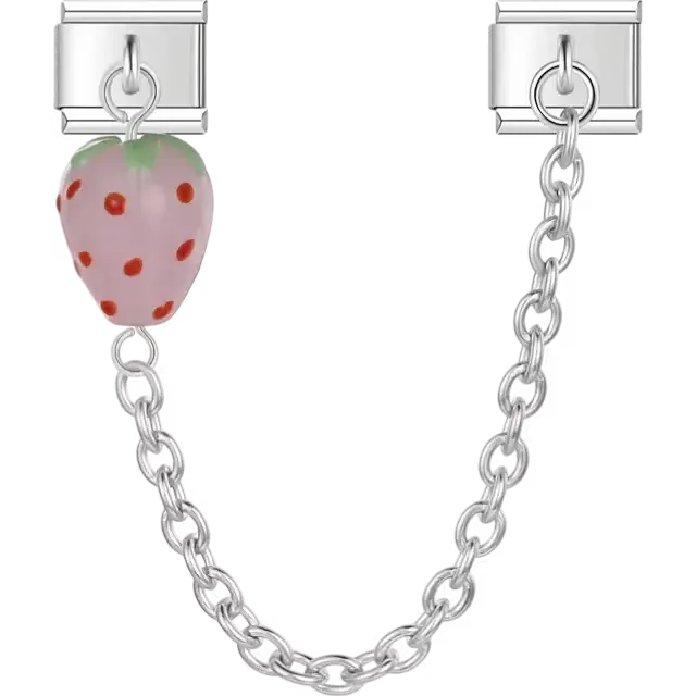 Pink strawberry with red polka dots and green top connected by silver chain Italian charm bracelet link