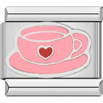 Pink teacup and saucer with a red heart detail Italian charm bracelet link