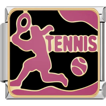 Pink tennis player with ball and "TENNIS" text on black background Italian charm bracelet link