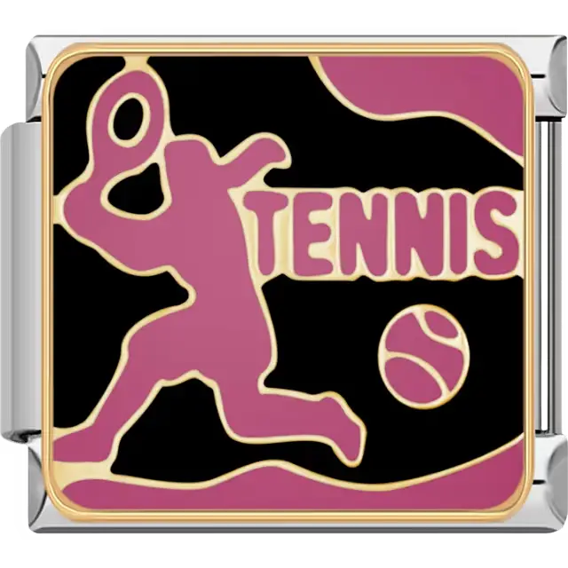 Pink tennis player with ball and "TENNIS" text on black background Italian charm bracelet link