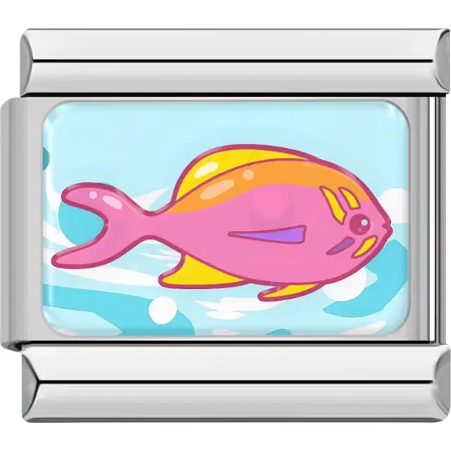 Pink and yellow tropical fish with a light blue ocean wave background Italian charm bracelet link
