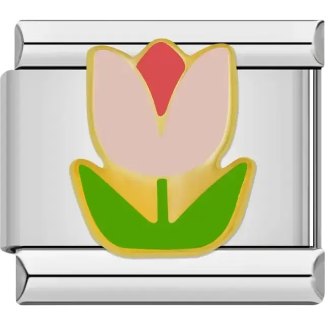 Pink tulip flower with green leaves and gold outline Italian charm bracelet link