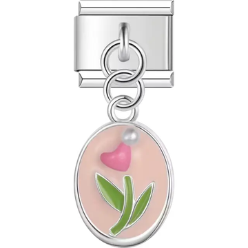 Oval charm with pink tulip green leaves and a small pearl accent on a soft pink background Italian charm bracelet link