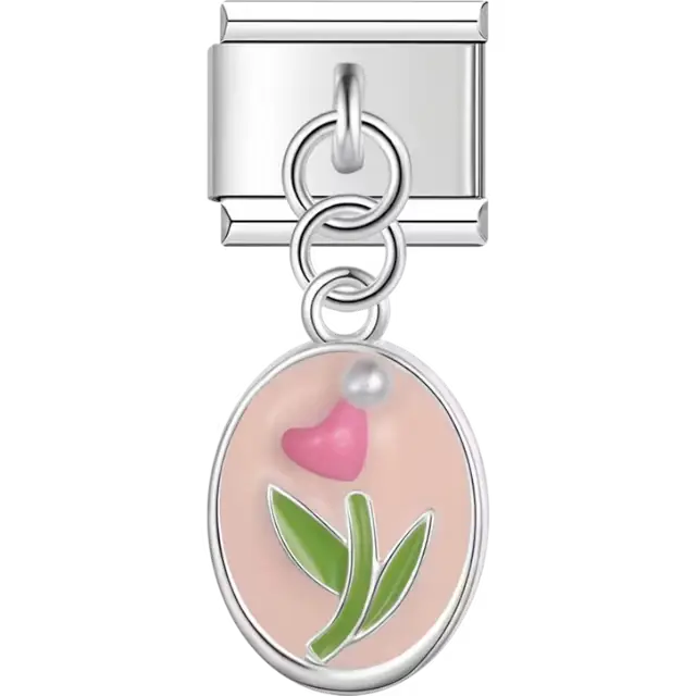 Oval charm with pink tulip green leaves and a small pearl accent on a soft pink background Italian charm bracelet link