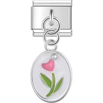 Oval charm with a pink tulip green leaves and a small pearl accent on a white background Italian charm bracelet link