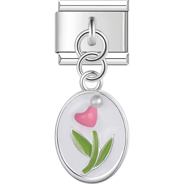Oval charm with a pink tulip green leaves and a small pearl accent on a white background Italian charm bracelet link