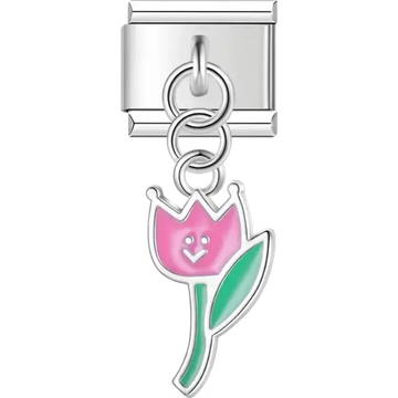 Pink tulip with a green stem and a smiling face dangling Italian charm bracelet link