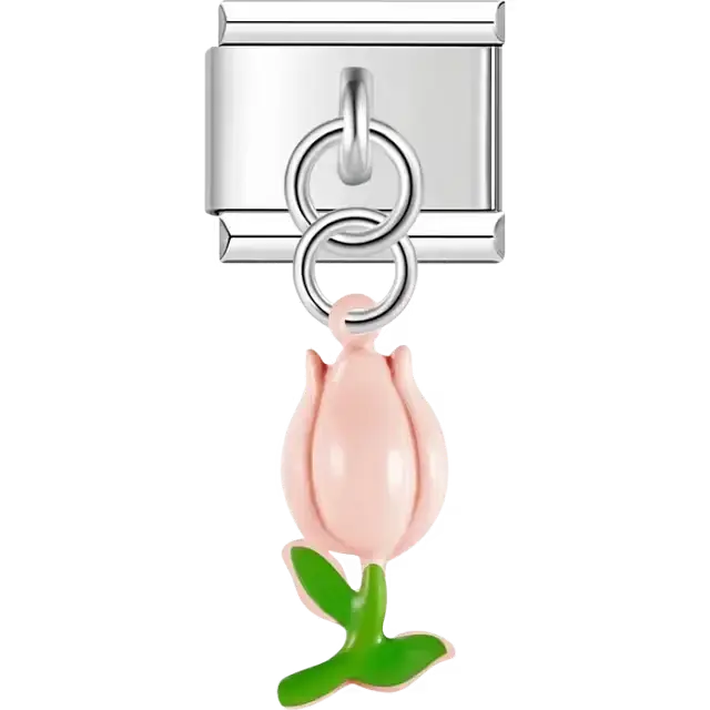 Pink tulip dangle with green stem and leaves Italian charm bracelet link