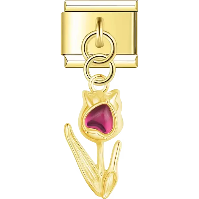 Gold tulip with pink heart center dangle Italian charm bracelet link