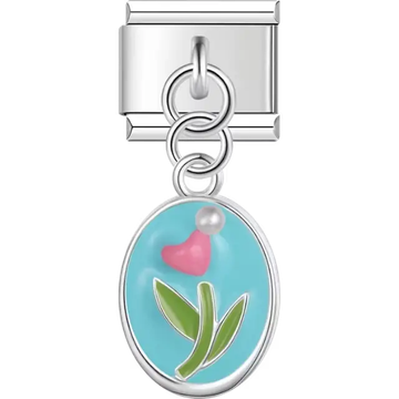Oval charm with pink tulip green leaves and a small pearl accent on a blue background Italian charm bracelet link