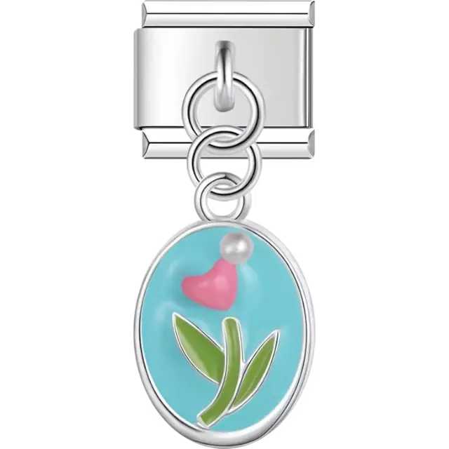 Oval charm with pink tulip green leaves and a small pearl accent on a blue background Italian charm bracelet link