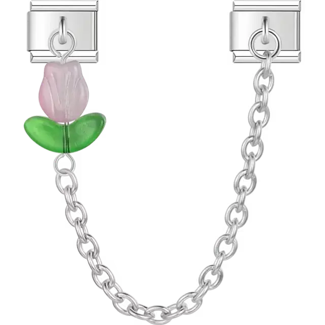Pink tulip with green leaves connected by chain Italian charm bracelet link