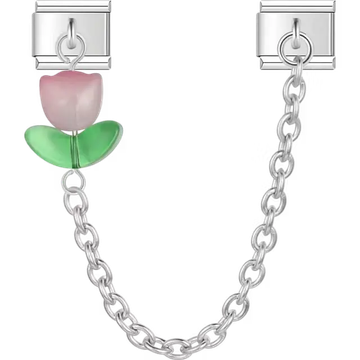 Pink tulip flower with green leaves connected by a chain Italian charm bracelet link