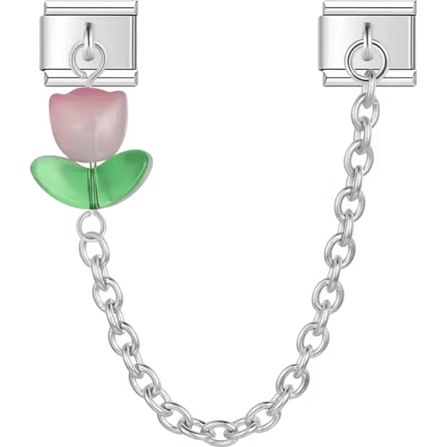 Pink tulip flower with green leaves connected by a chain Italian charm bracelet link