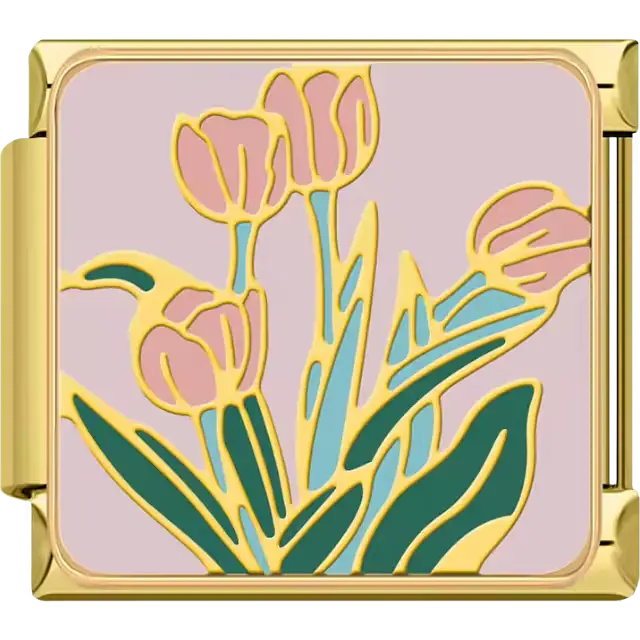Pink tulips gold outline teal stems green leaves pink background Italian charm bracelet link