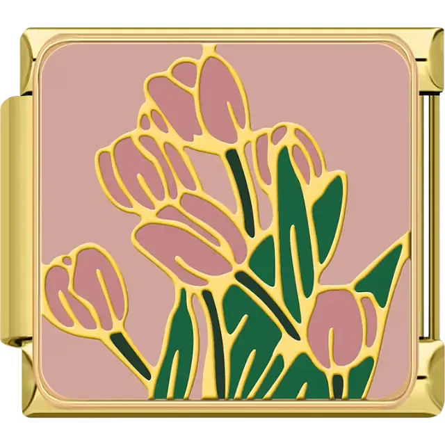 Gold outlined pink tulips with green leaves on pink background Italian charm bracelet link