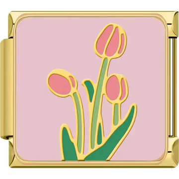 Pink tulips gold outline green stems leaves pink background Italian charm bracelet link