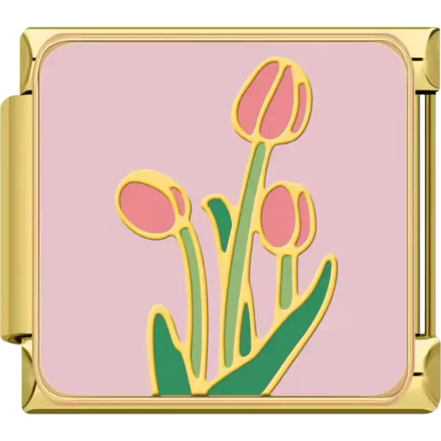 Pink tulips gold outline green stems leaves pink background Italian charm bracelet link