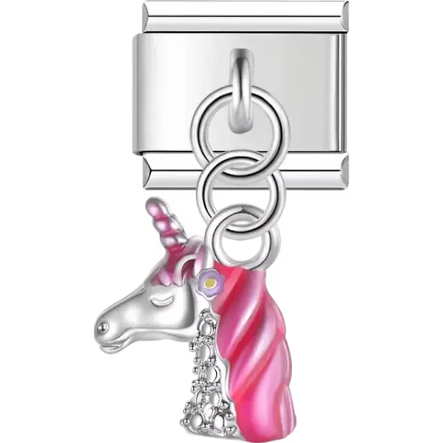 Pink unicorn head with silver details and a floral accent Italian charm bracelet link