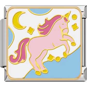 Pink unicorn yellow moon stars blue sky white background Italian charm bracelet link