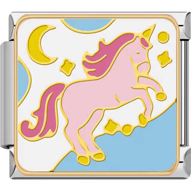 Pink unicorn yellow moon stars blue sky white background Italian charm bracelet link