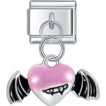 Dangle featuring a pink heart with vampire fangs and black bat wings Italian charm bracelet link