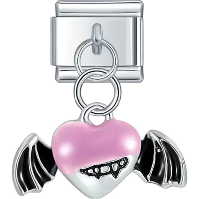 Dangle featuring a pink heart with vampire fangs and black bat wings Italian charm bracelet link