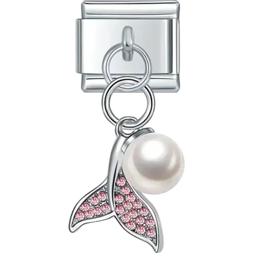 Pink crystal whale tail with pearl dangle Italian charm bracelet link