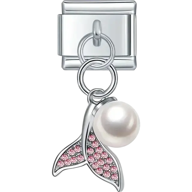 Pink crystal whale tail with pearl dangle Italian charm bracelet link