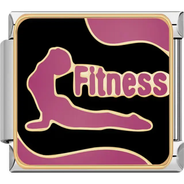 Pink yoga stretch pose with "Fitness" text on black background Italian charm bracelet link