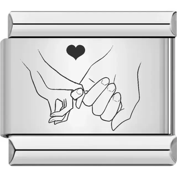 Two hands making a pinkie promise with a small black heart above them Italian charm bracelet link